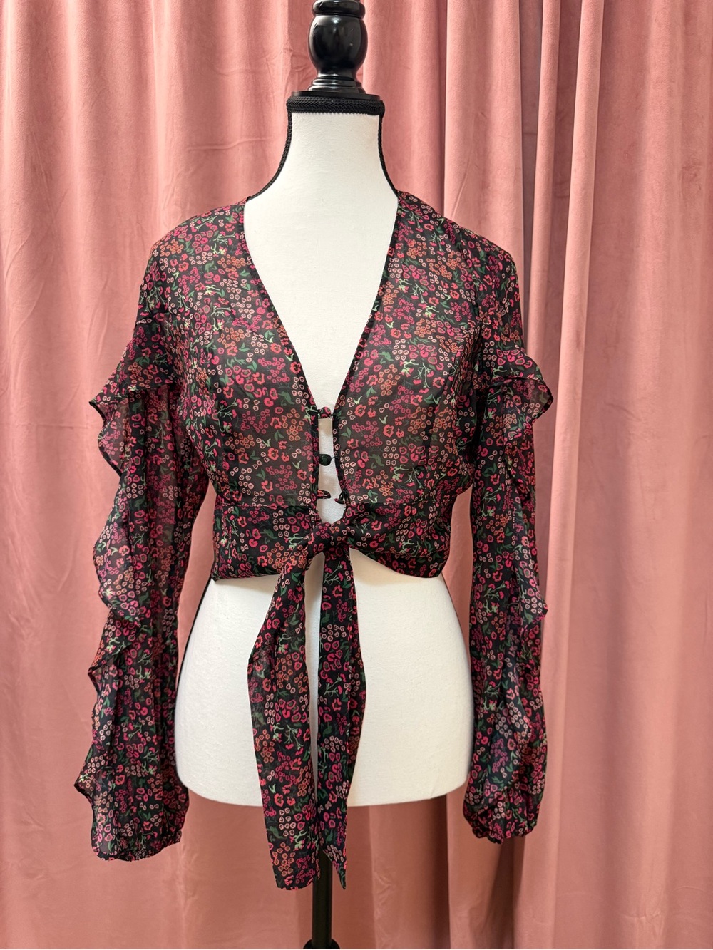 The Fifth Label Black Sheer Tie-Front Blouse with Pink Floral Print